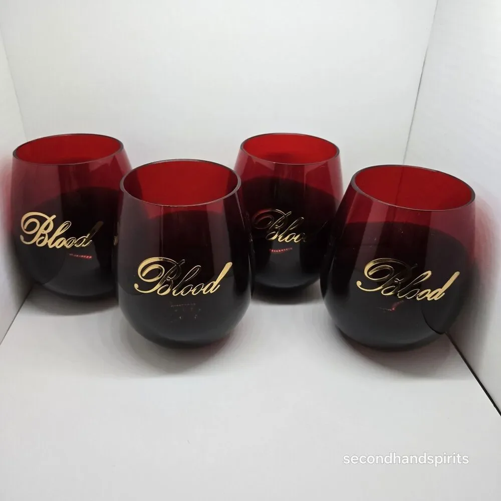 Set of 4 Halloween Blood Stemless Wine Glasses Red Black Ombre Gold Script